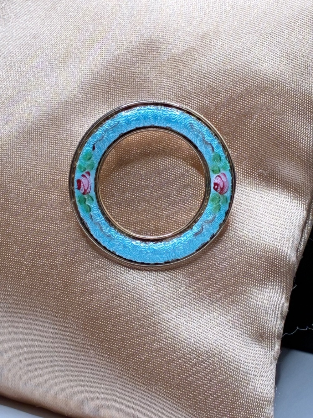 Vintage Guilloche hand-painted with pink roses on blue enamel brooch